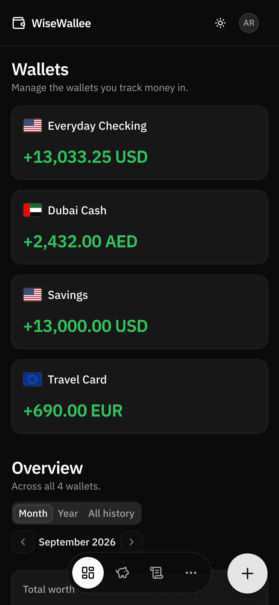 WiseWallee in dark mode on a phone: wallets in USD, EUR and AED, the bottom tab bar, and the floating add button.
