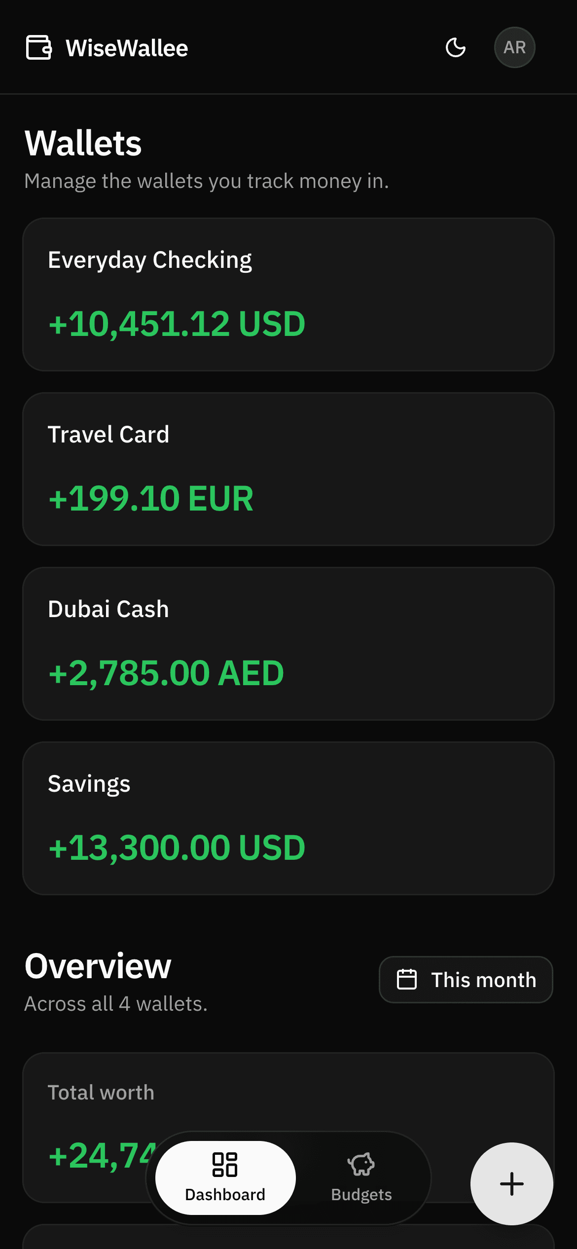 WiseWallee in dark mode on a phone: wallets in USD, EUR and AED, the bottom tab bar, and the floating add button.